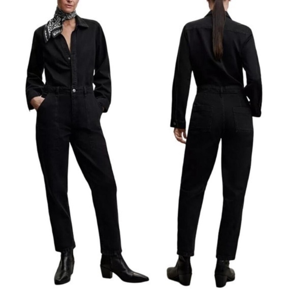 Mango Black Long-Sleeve Denim Jumpsuit
